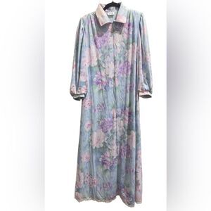 Vintage 70s Lucie Ann House Coat Dress Maxi Pockets Womens Size L , Blue Floral